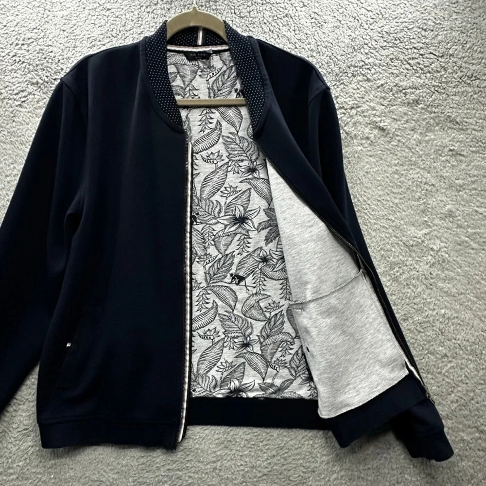Ted Baker London Mens Large Navy Blue Full Zip Bomber Jacket Leaf Lining Comfort
